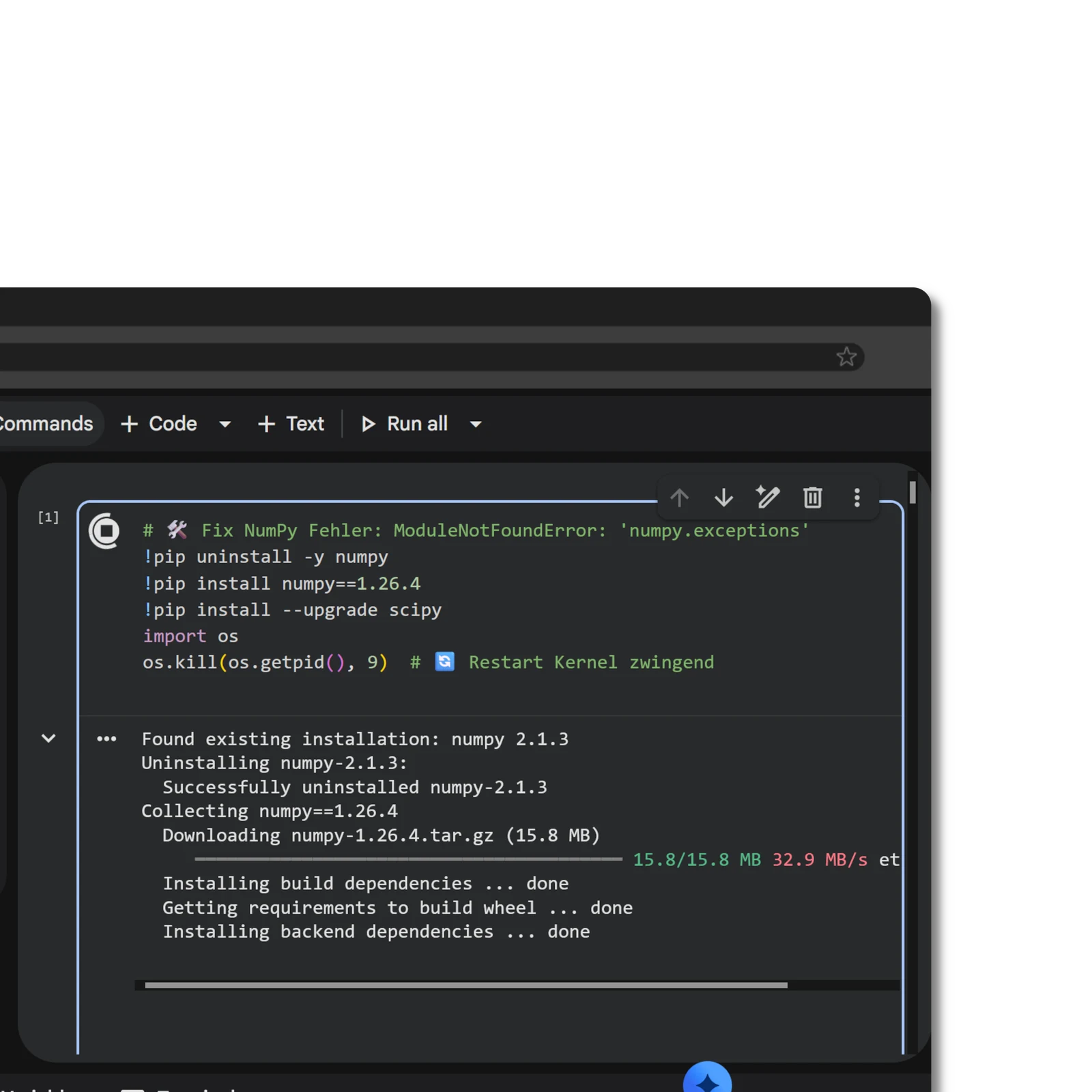Screenshot eines Notebooks: Python-Zelle mit pip-Befehlen und darunter die Ausgabe der laufenden Installation
