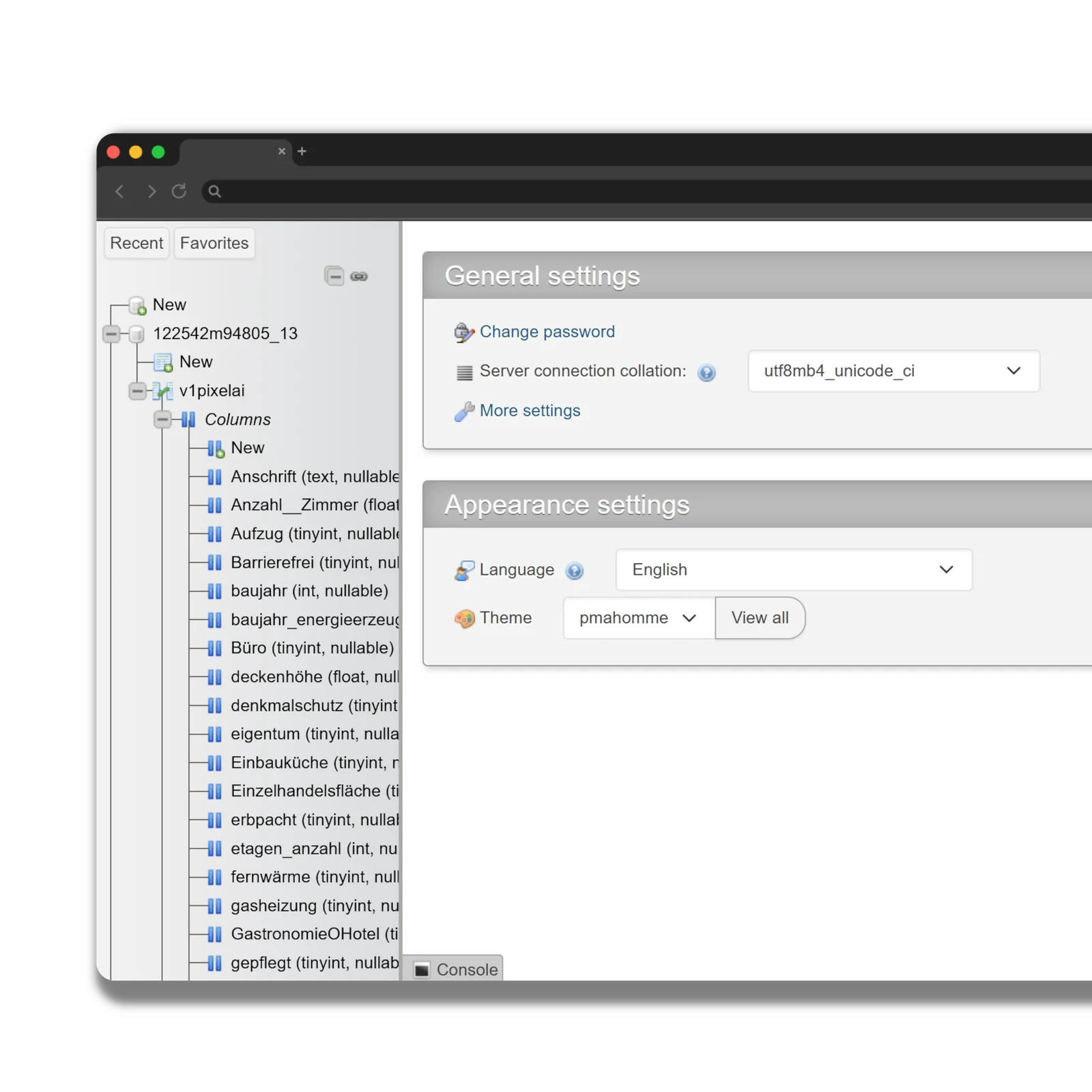 Screenshot einer Datenbankverwaltung: Tabellenstruktur mit Spalten und Datentypen in der linken Baumansicht, Servereinstellungen rechts