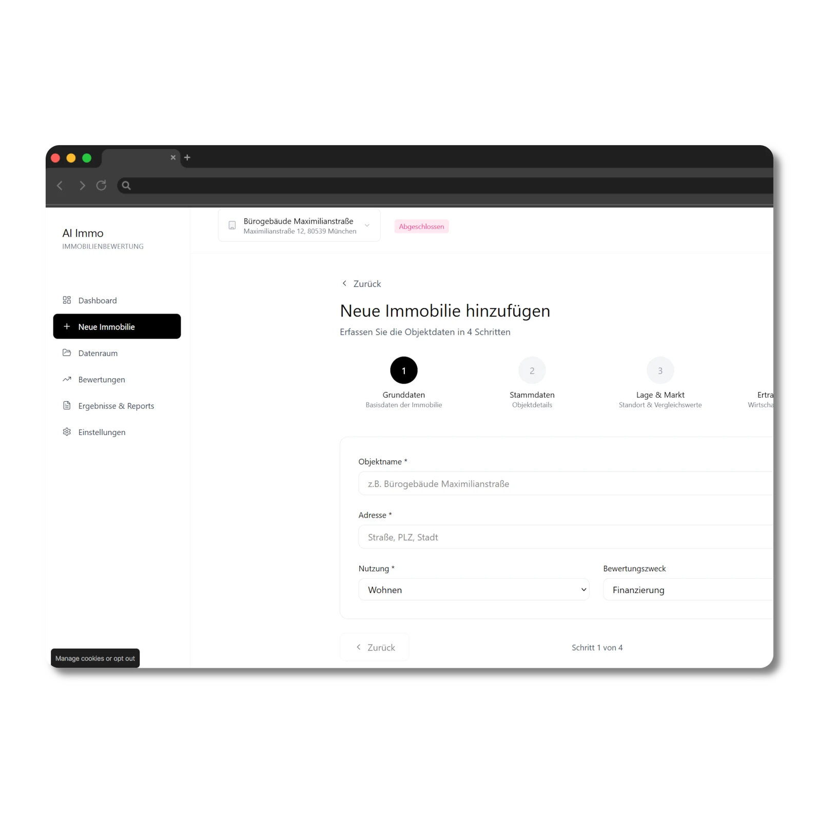 Screenshot einer Weboberfläche: Eingabemaske „Neue Immobilie hinzufügen“ mit vierstufigem Fortschritt und Feldern für Objektname, Adresse und Nutzung